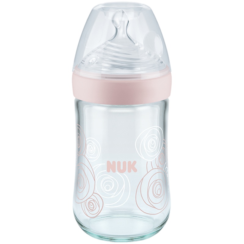 NUK自然母感加宽口玻璃奶瓶240ml成长型带中号硅胶防胀气奶嘴(颜色随机)