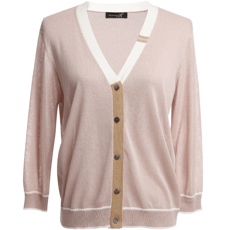 欧昵雪撞色V领宽松毛衣针织衫女七分袖防晒开衫外套