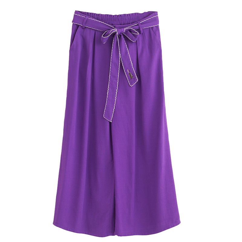 茵曼2019夏装新款莱赛尔亚麻混纺纯色简约百搭阔腿裤配绣花腰带女