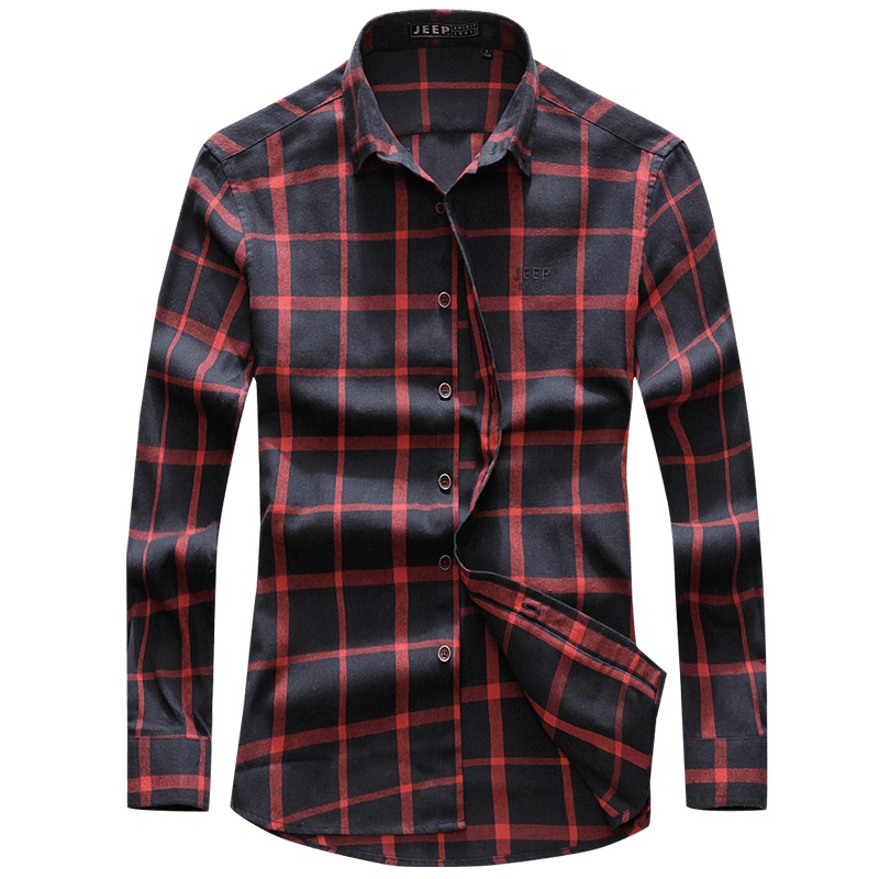 JEEP吉普男装旗舰春秋季男士商务休闲格子衬衫上衣大码长袖衬衣男