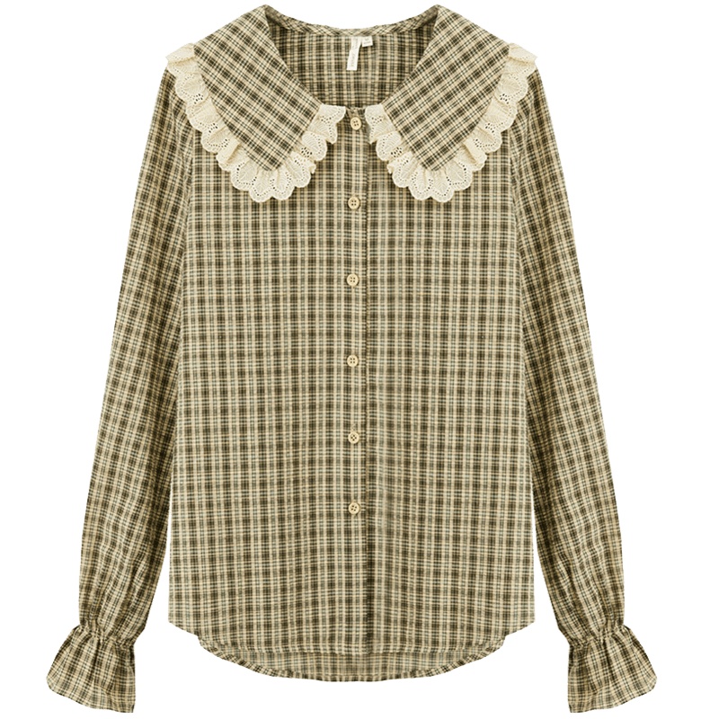 茵曼梨涡法式复古文艺花边大翻领小清新格子衬衫女长袖少女衬衣秋