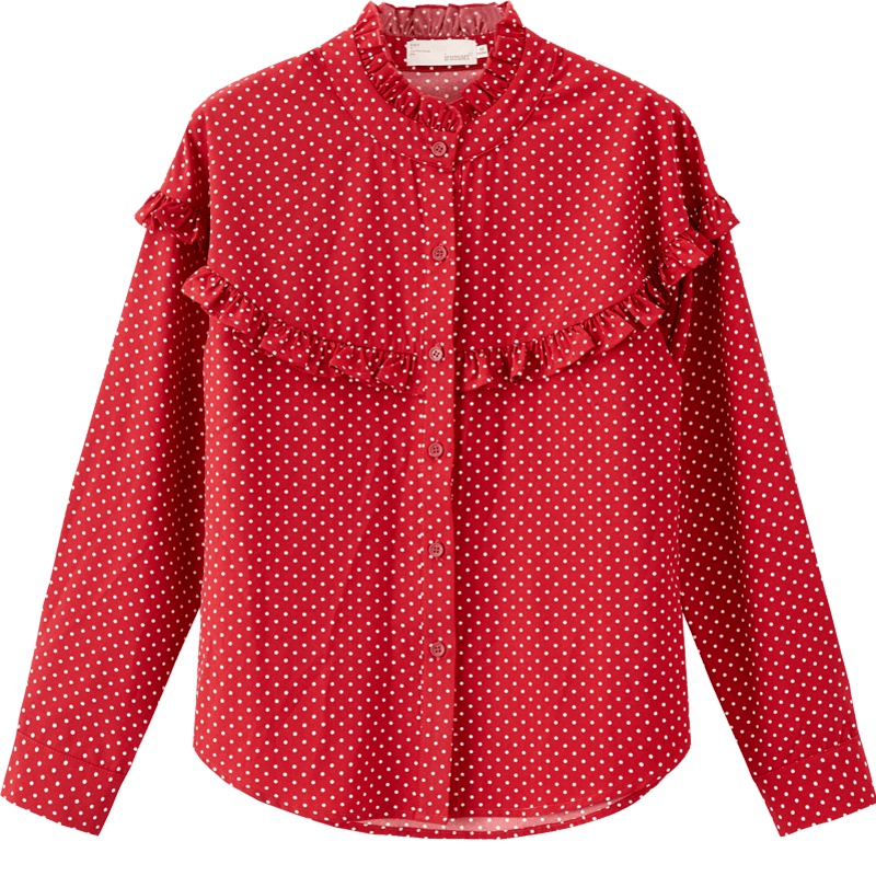 茵曼衬衣2019秋装新款立领甜美木耳边波点衬衫女文艺复古长袖上衣