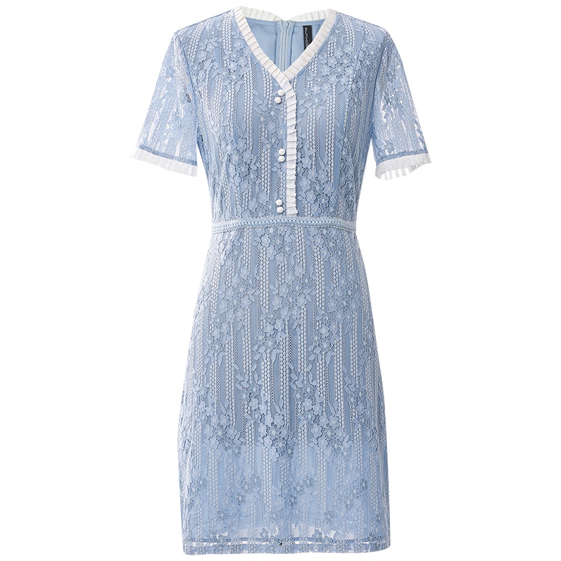 欧昵雪夏季气质花边V领收腰镂空蕾丝连衣裙女显瘦包臀裙