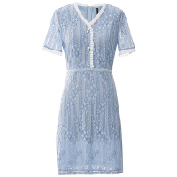 欧昵雪夏季气质花边V领收腰镂空蕾丝连衣裙女显瘦包臀裙