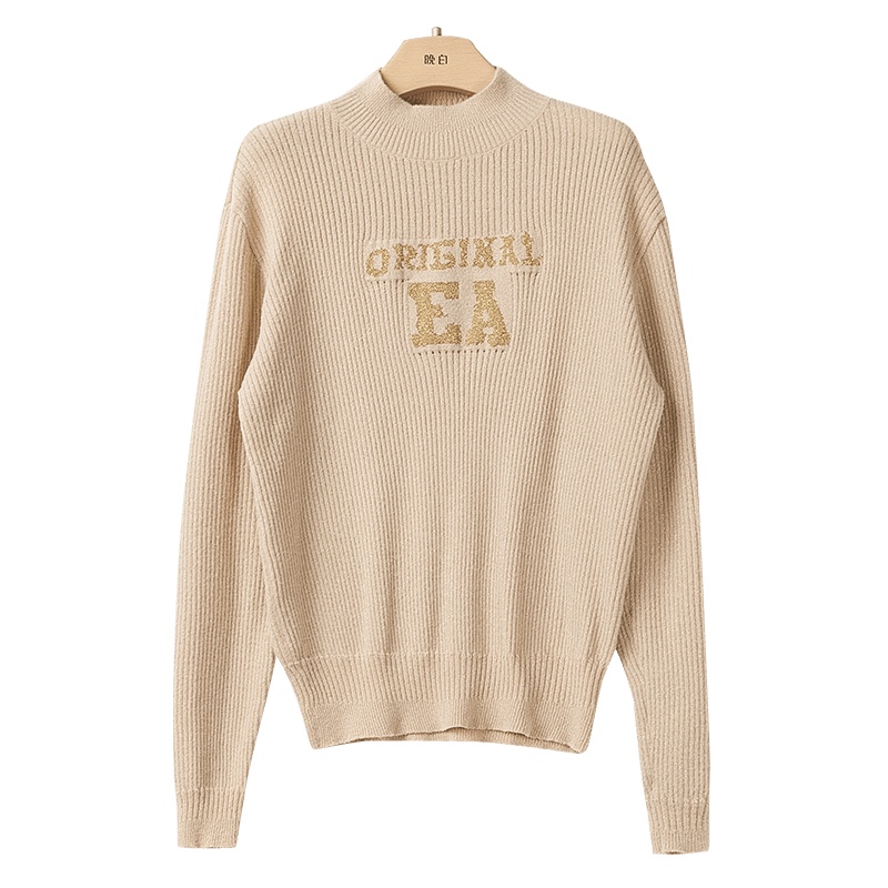 晩白 新品通勤气质百搭简约字母印花高领休闲毛衣针织衫女