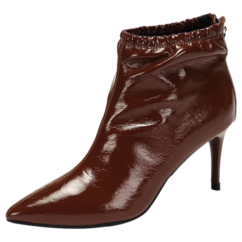 达芙妮裸靴冬新款尖头亮面漆皮细跟短靴束口女高跟鞋