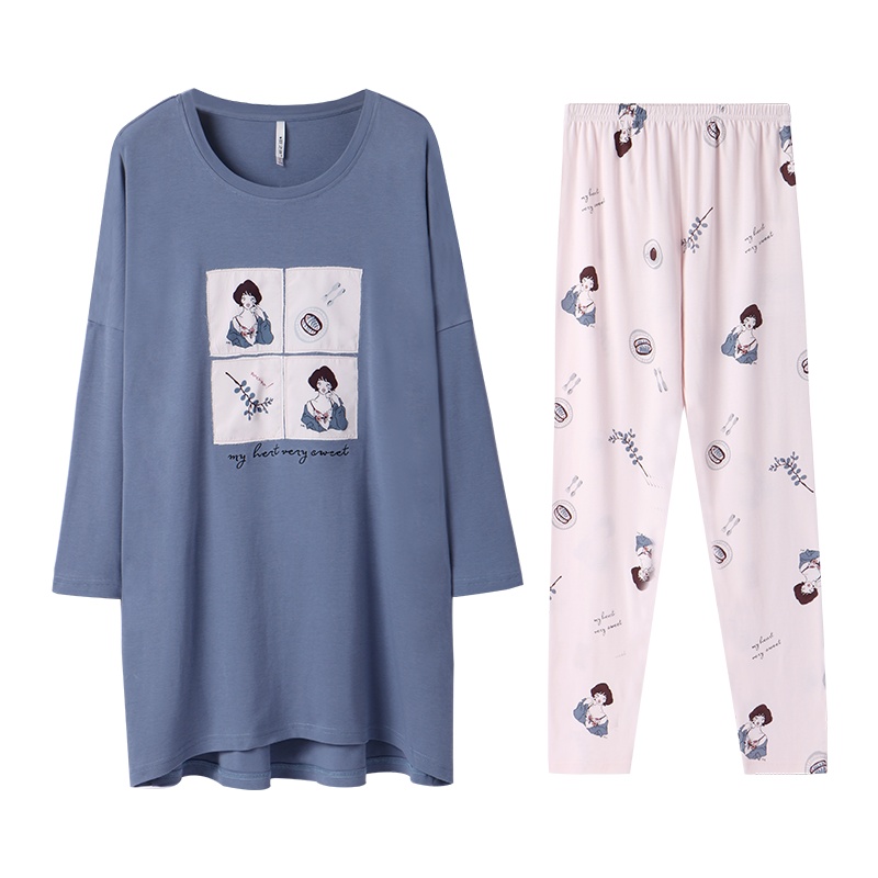 安之伴睡衣女秋纯棉长袖韩版可爱卡通长袖可外穿家居服长款套装