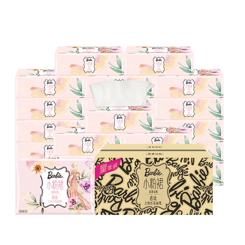 芭比 抽纸 轻奢优雅系列 3层100抽24包 小规格 抽取式 卫生纸巾 餐巾纸 擦手纸 面巾纸 家庭装 整箱销售