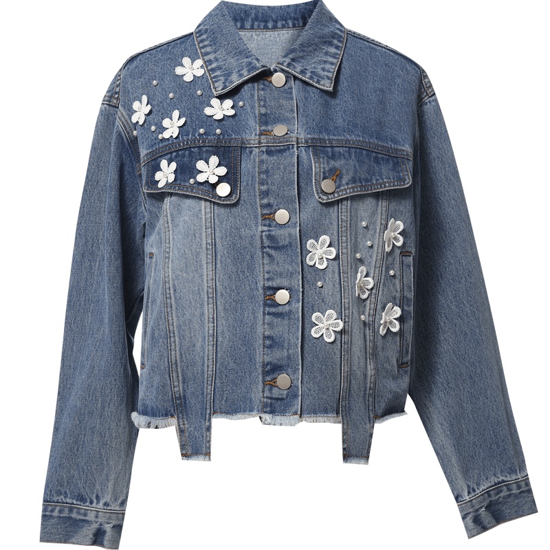 欧昵雪钉珠蕾丝花朵不规则宽松短款牛仔外套女上衣