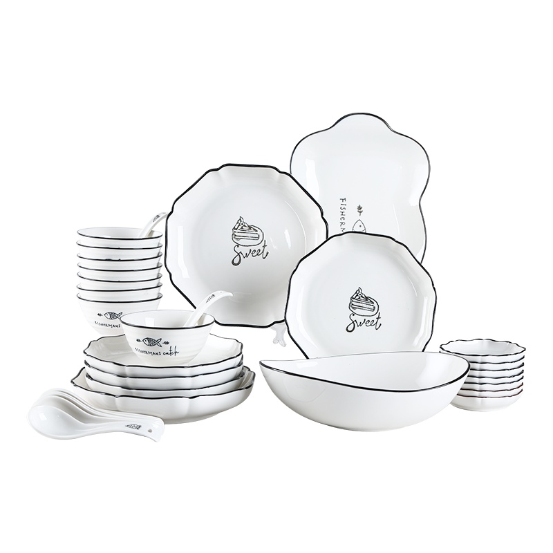 顺祥新梦想32头 碗 碗碟套装 陶瓷碗盘子家用 釉下彩格调餐具套装 苏宁自营