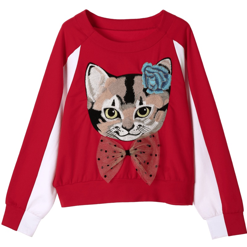 裂帛圆领套头卫衣新款夏装猫咪刺绣撞色百搭宽松无帽上衣