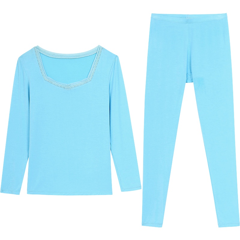 爱帝蕾丝方领秋冬女士保暖内衣薄款秋衣秋裤纯色基础打底暖衣套装