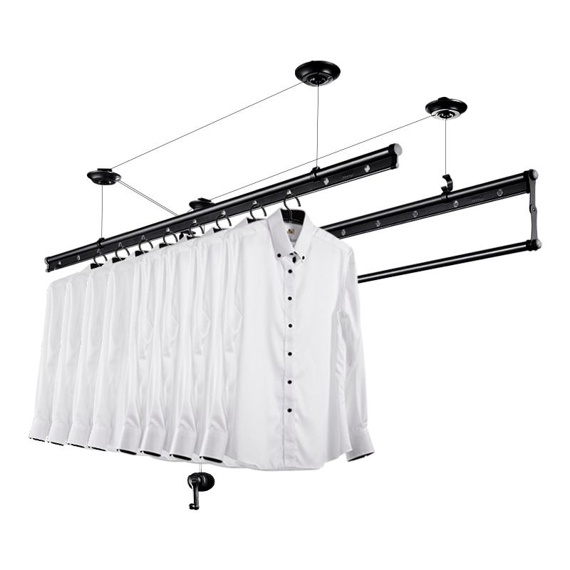 卡贝 黑色升降晾衣架室内阳台手摇双杆式晾衣杆 三杆式折叠晒 凉衣架