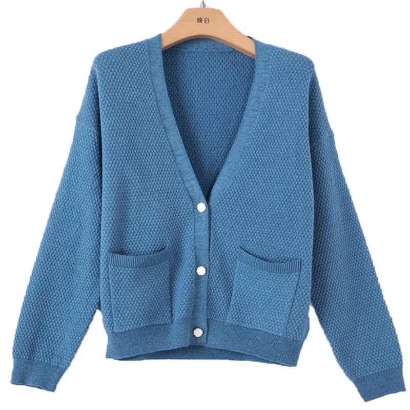 晚白2020秋冬新品简约通勤减龄纯色V领长袖休闲毛衫单排扣针织衫女