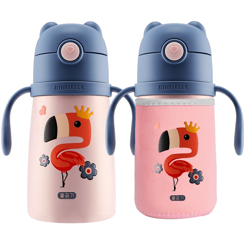 免费刻字火烈鸟杯具熊儿童水杯幼儿园宝宝防漏吸管杯儿童防摔防呛学饮杯 鸭嘴杯保温杯BEDDYBEAR学饮杯