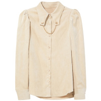 三彩2020冬季新款复古气质羊腿袖灯芯绒衬衫链条装饰