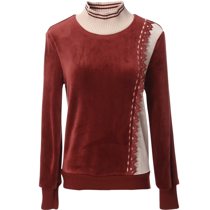 欧昵雪秋冬罗纹高领镂空花边宽松丝绒卫衣女套头长袖上衣