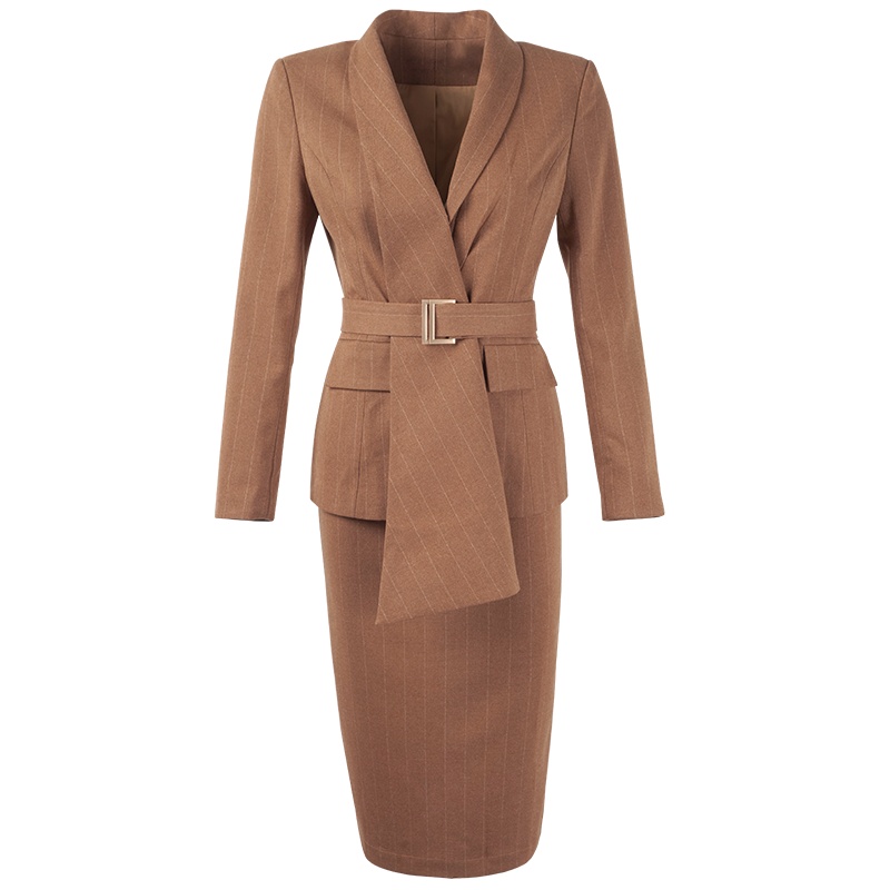 晚白 2020春季新品两件套简约条纹西装包臀半身裙时尚职业套装裙女