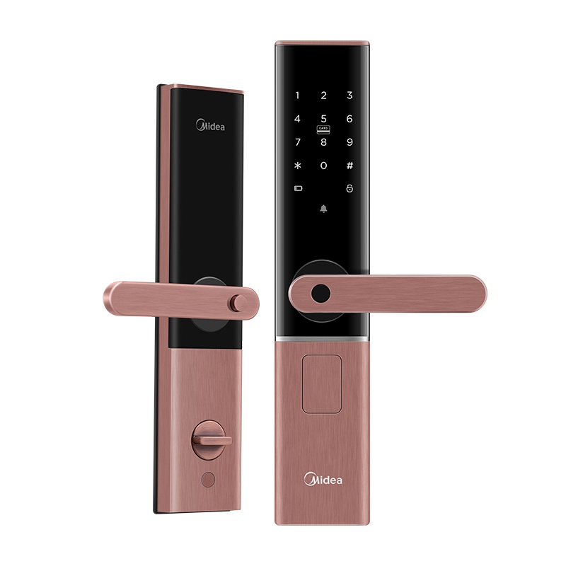 Midea美的智能指纹锁红古铜家用防盗门智能门锁密码锁推拉式开门全自动电子锁铝合金材质锁芯 斜舌 通用型