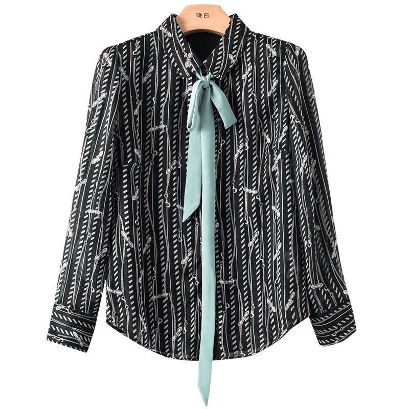 晚白2021春季新品时尚百搭帅气系带娃娃领长袖印花雪纺衫衬衫衬衣女