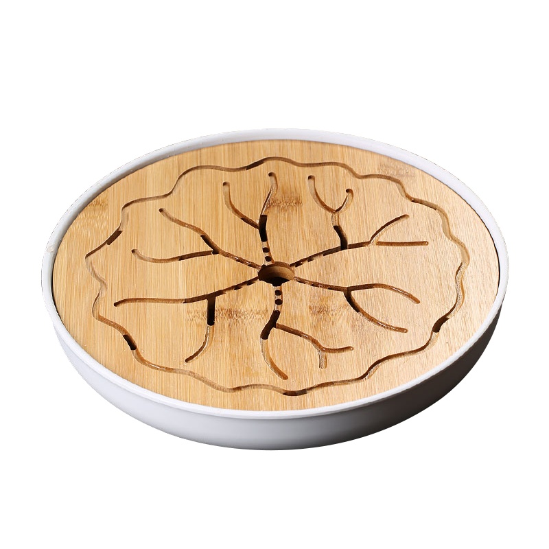 苏氏陶瓷圆形简易家用办公干泡茶盘陶瓷竹 茶台 茶托 茶道 储水 大号圆形干泡茶盘