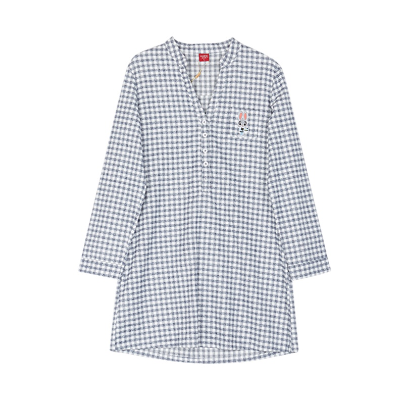 雪仙丽女士睡衣秋冬长袖格纹翻领睡衣家居服女款睡裙