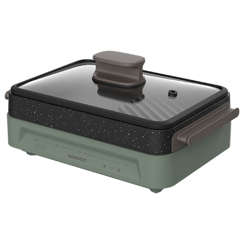 大宇(DAEWOO)多功能锅料理锅 家用电火锅电热锅电烧烤炉电煮锅不粘锅 (玻璃透明盖)S11绿色