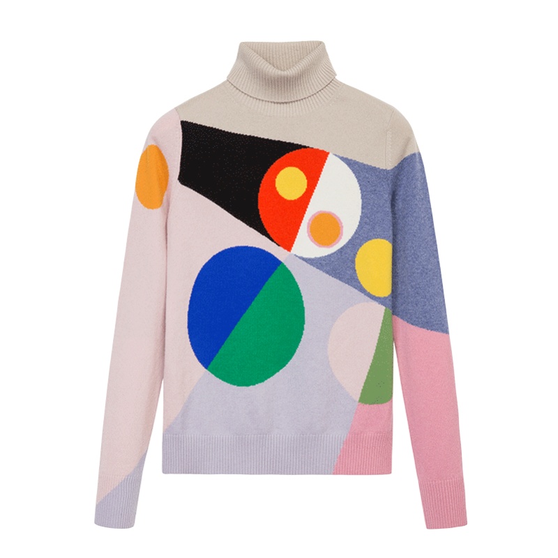 鄂尔多斯ERDOS 秋冬高领纯羊绒撞色抽象几何提花羊绒衫女士针织衫/毛衣
