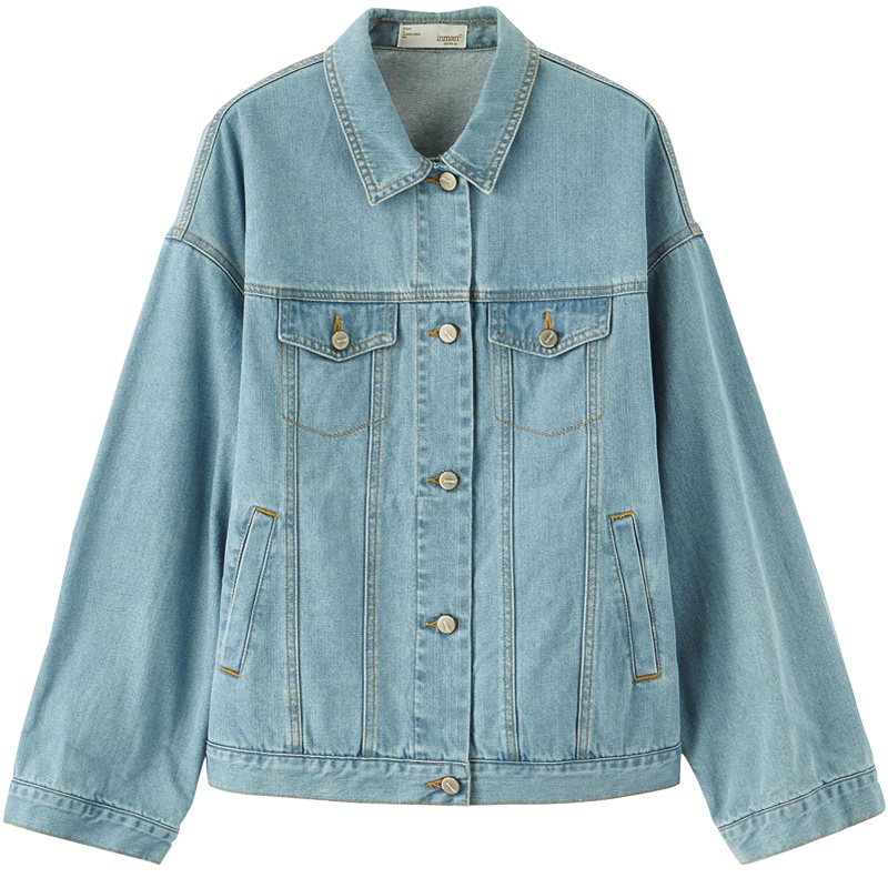 茵曼短外套2019秋装新款纯棉长袖纯色复古洗水落肩袖宽松牛仔衣女