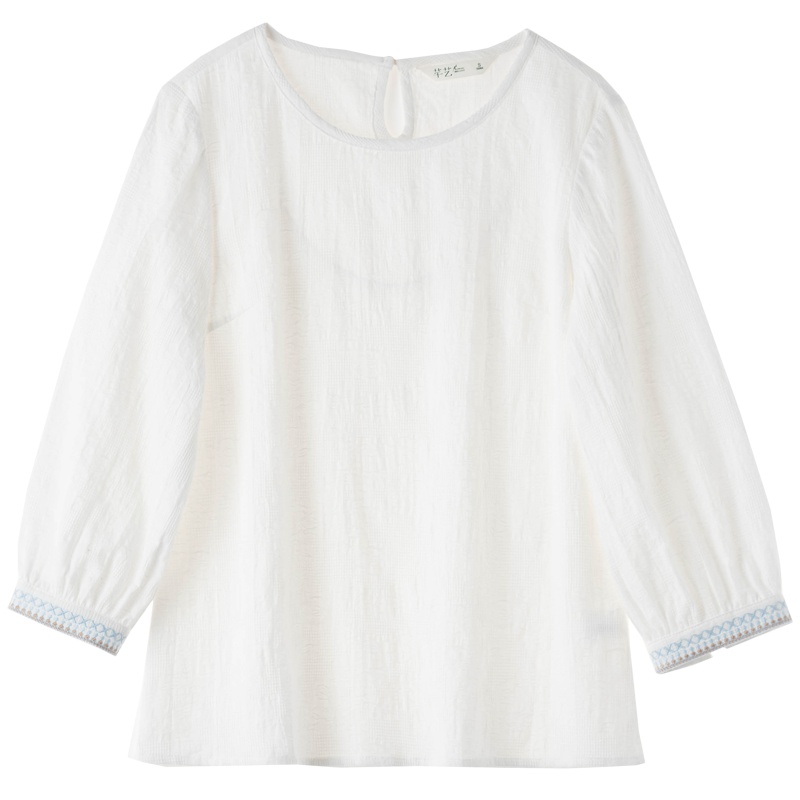 芊艺圆领白色宽松衬衫女2019秋装新款韩版九分袖衬衣百搭上衣10401
