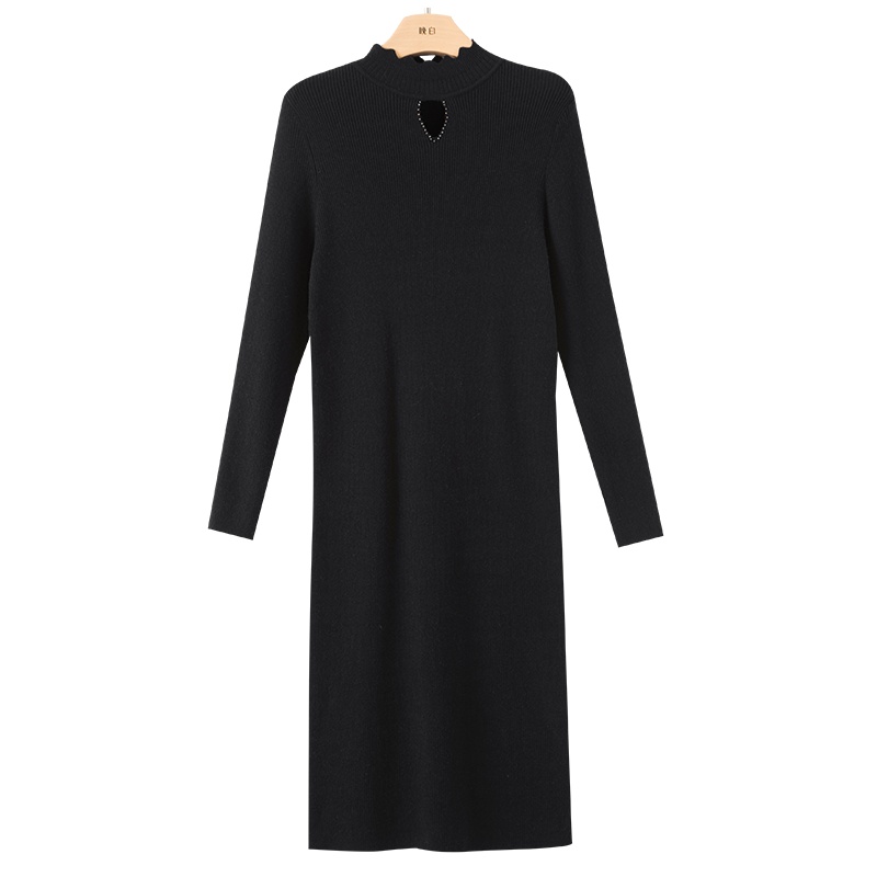 晚白2020秋冬新品通勤纯色立领长袖修身打底毛衣裙针织连衣裙女