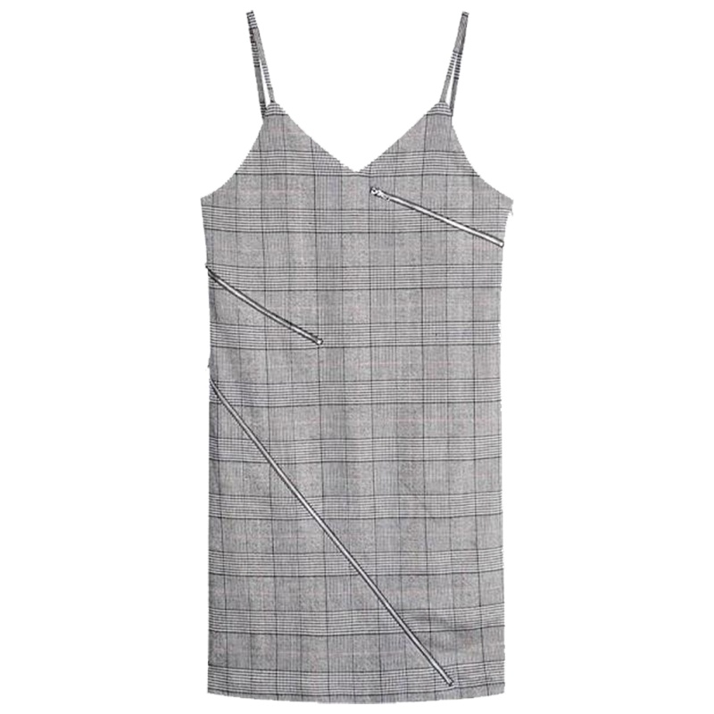 【热卖】chic吊带裙女外穿2018春装新款韩版时尚小清新v领格子短款连衣裙20011656