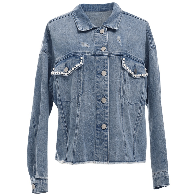 欧昵雪Polo领破洞短款牛仔外套女显瘦纯棉夹克上衣