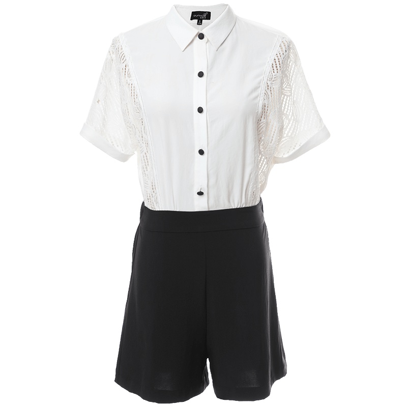 欧昵雪 夏蕾丝短袖衬衣短裤假两件拼接OL职业休闲连体裤女X