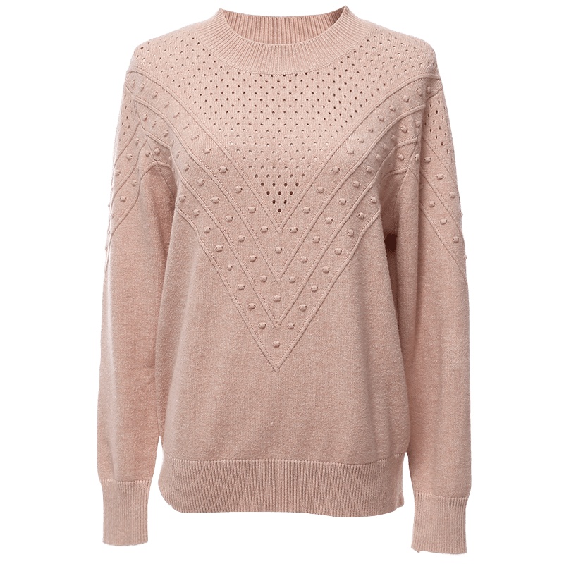 欧昵雪秋季圆领套头镂空宽松毛衣女打底针织衫长袖上衣