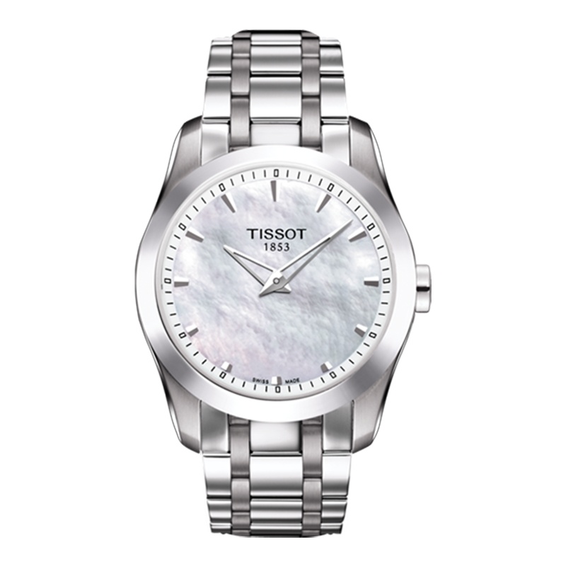 天梭(TISSOT)瑞士手表 库图系列贝母白盘钢带女士石英表T035.246.11.111.00