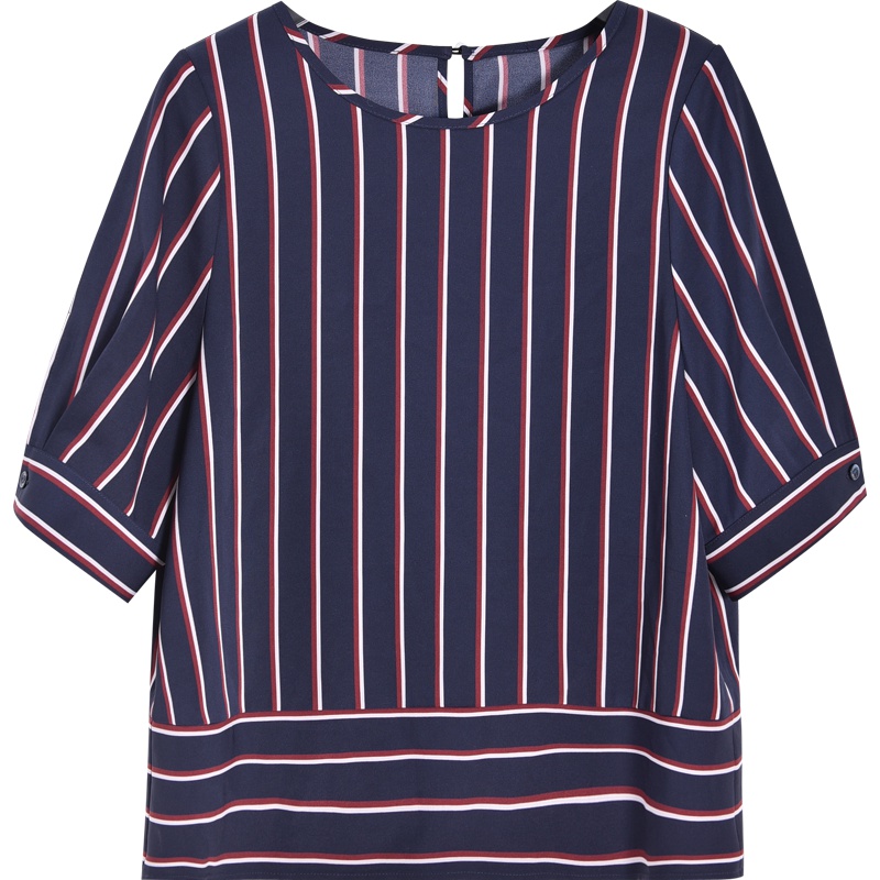 娅丽达女装2019夏季新款短袖T恤女宽松五分袖条纹雪纺衫女士上衣I6102