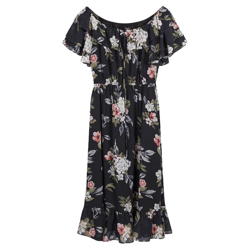 【专柜同款】拉夏贝尔连衣裙女夏季新款中长款气质雪纺短袖一字肩挂脖式荷叶边长裙30082640 印花混色 S