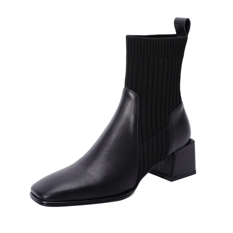 品点(Pandell)秋冬短靴女真皮女靴头层牛皮针织弹力瘦瘦袜靴韩版粗跟百搭棉皮鞋