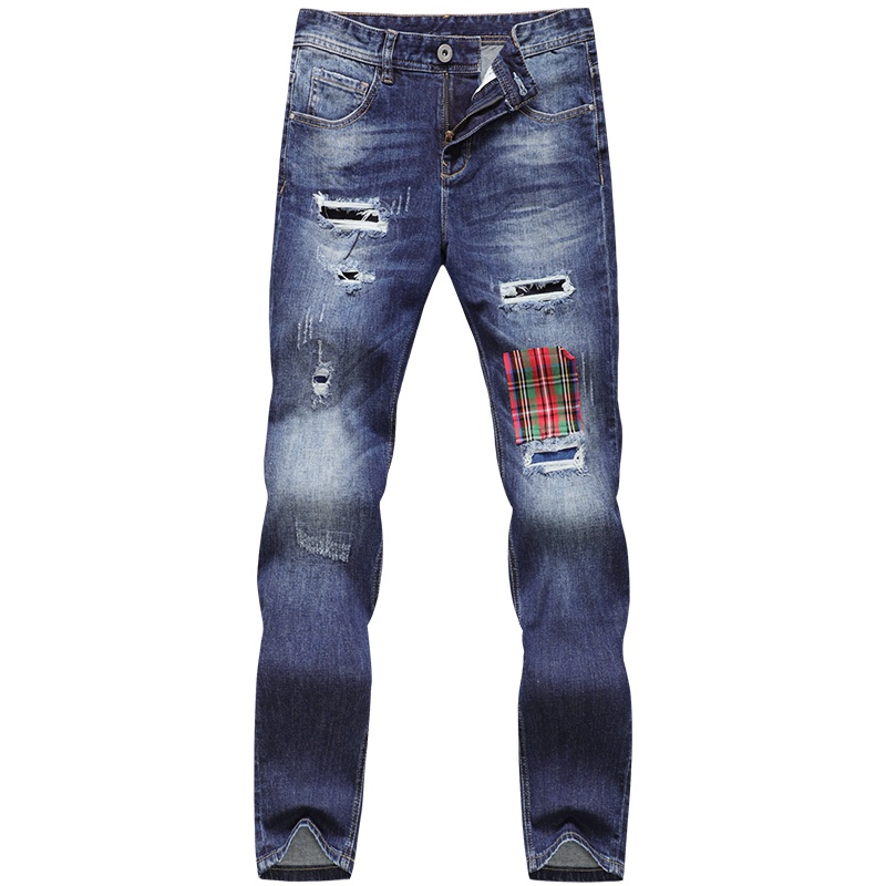 马克华菲破洞牛仔裤男2019新款修身小脚长裤韩版潮流补丁裤子夏季