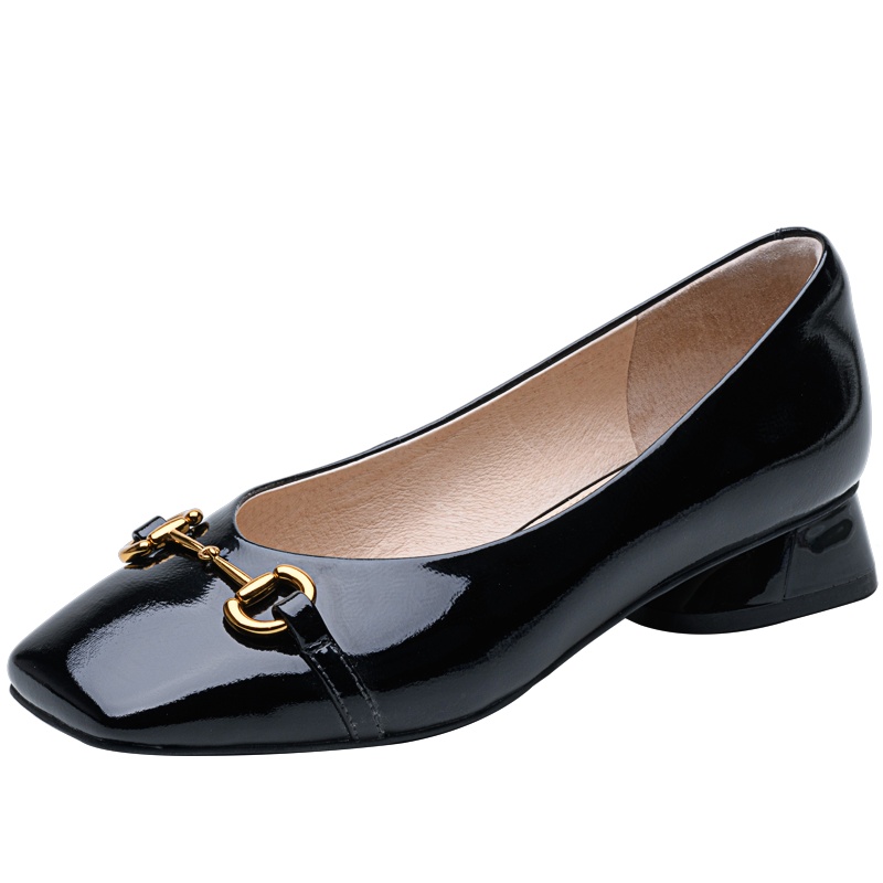 百田森2021春新款晚晚风温柔鞋低跟方头女单鞋马衔扣时装真皮女鞋