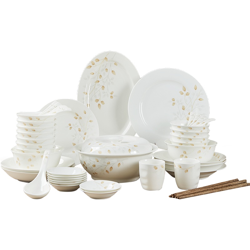 富昱景 景德镇陶瓷餐具碗盘碟勺筷套装家用中式组合礼品10人食56头 秋之韵