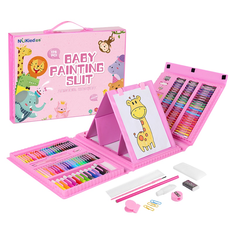 纽奇(Nukied)儿童画笔套装益智玩具带画板水彩笔蜡笔铅笔画笔调色盘彩铅油画棒手提美术绘画套装176PCS[清新粉]