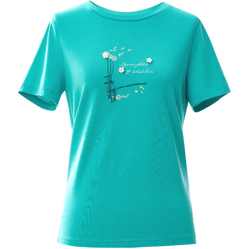 欧昵雪夏季小众圆领花卉绣花短袖T恤女ins显瘦宽松上衣