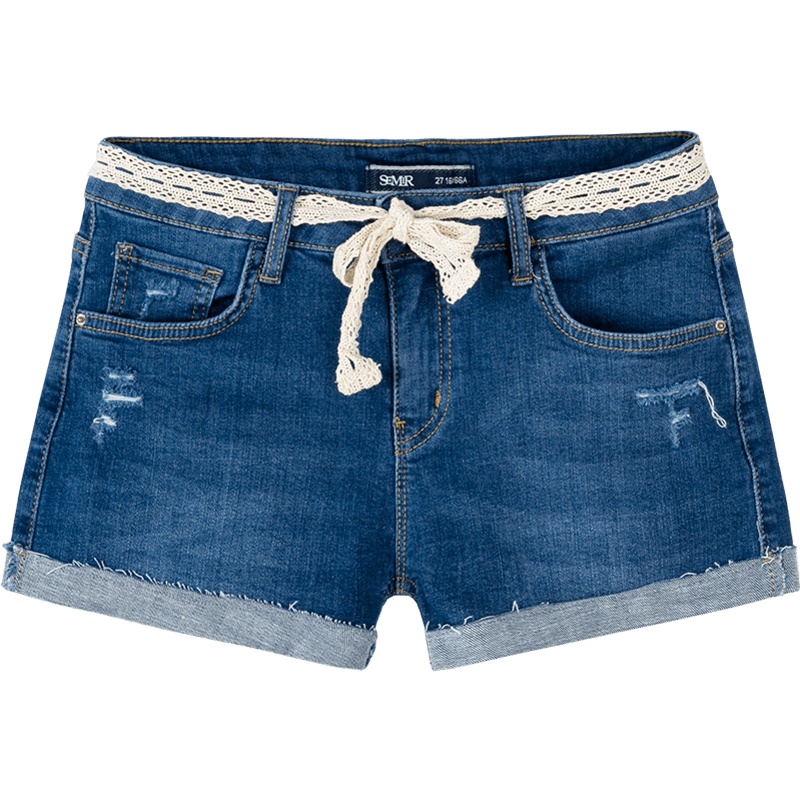 森马夏季新款牛仔短裤女腰带翻边牛仔裤卷边热裤