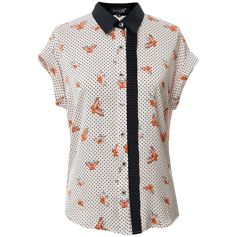 欧昵雪文艺范衬衣时尚撞色压褶设计感上衣波点蝴蝶印花短袖衬衫女