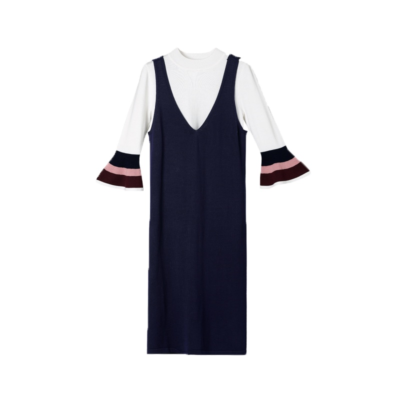 OSA欧莎2018秋季复古荷叶袖中长款毛衣背心裙两件套连衣裙女