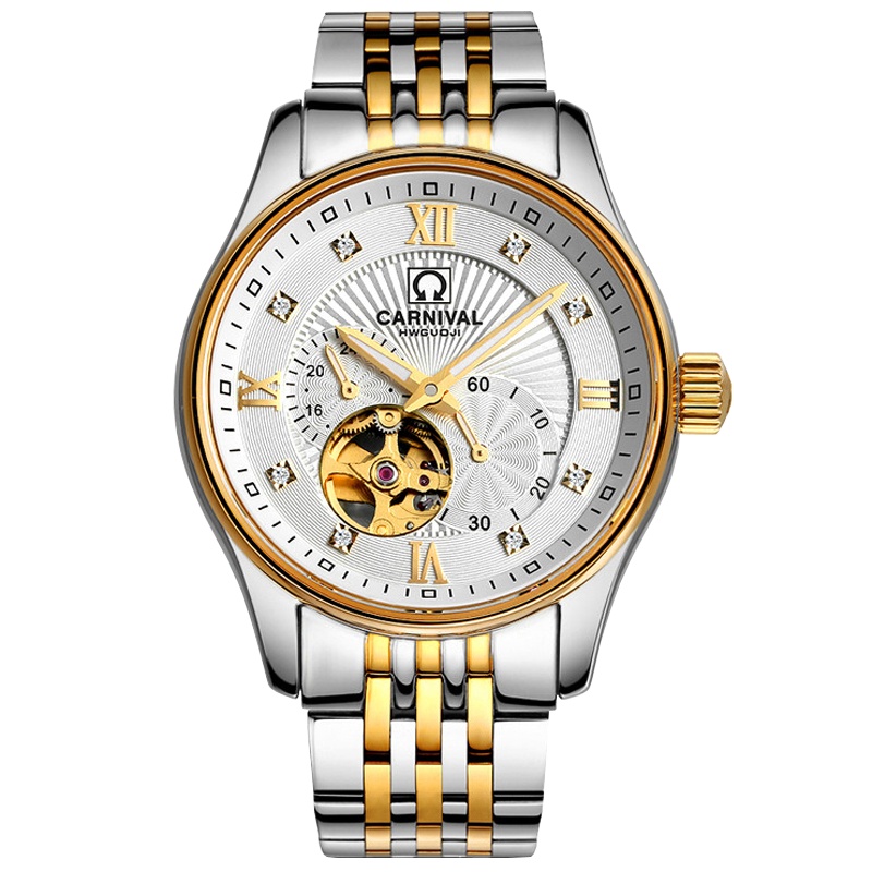 瑞士嘉年华CARNIVAL男士手表精钢全自动机械表 男进口MIYOTA机芯休闲金属钢带镂空夜光防水镶水钻商务腕表504