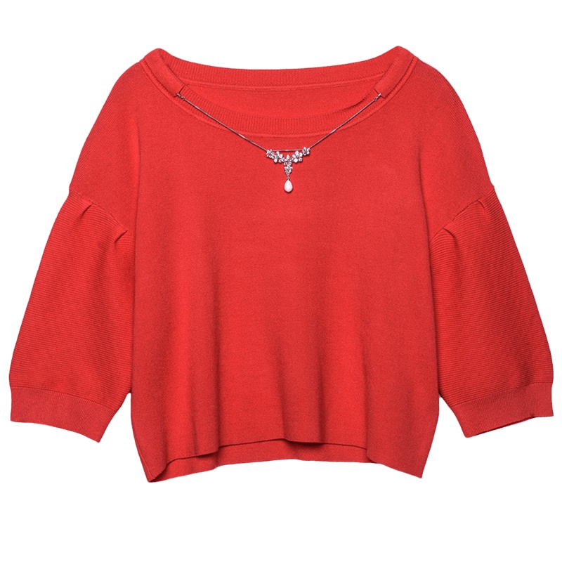 2019爱居兔春装女装大红色宽松中袖针织衫