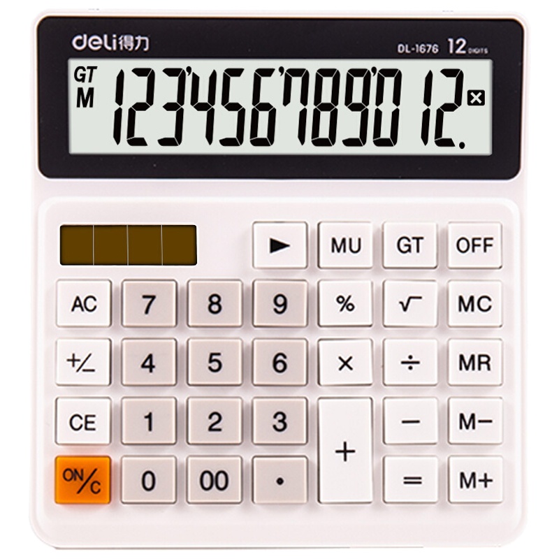 得力(deli)1676双电源桌面计算器 白色 12位数显大屏大按键太阳能计算器 财务计算机计算器